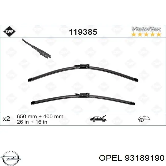 93189190 Opel juego de limpiaparabrisas de luna delantera, 2 piezas