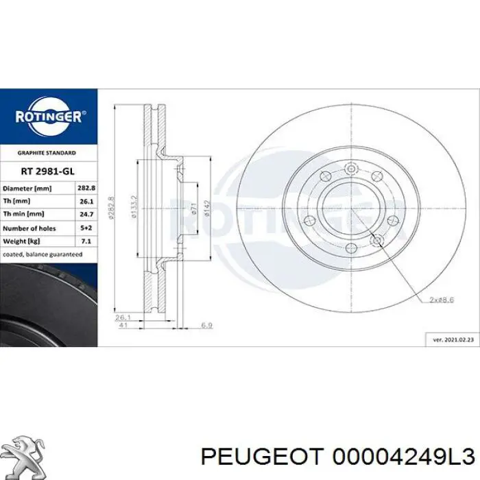 00004249L3 Peugeot/Citroen freno de disco delantero