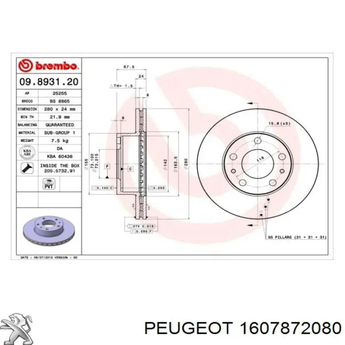 1607872080 Peugeot/Citroen freno de disco delantero