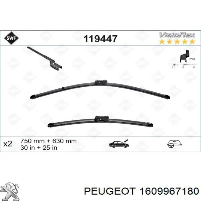 1609967180 Peugeot/Citroen juego de limpiaparabrisas de luna delantera, 2 piezas