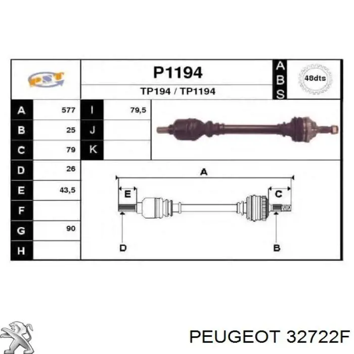 32722F Peugeot/Citroen árbol de transmisión delantero izquierdo