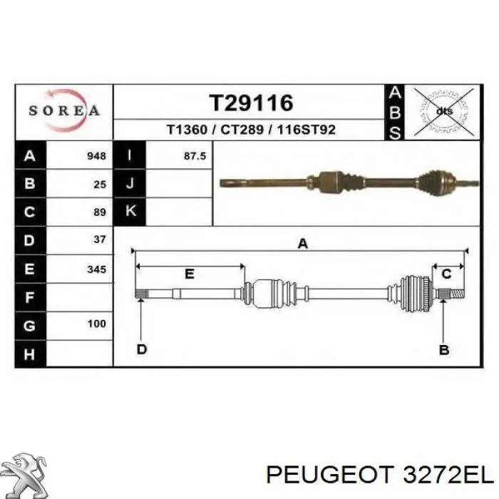 3272EL Peugeot/Citroen árbol de transmisión delantero izquierdo