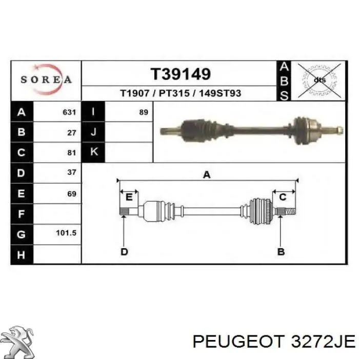 3272JE Peugeot/Citroen árbol de transmisión delantero izquierdo