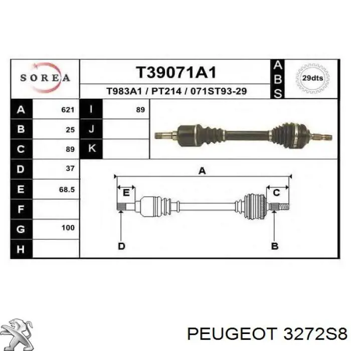 3272S8 Peugeot/Citroen árbol de transmisión delantero izquierdo