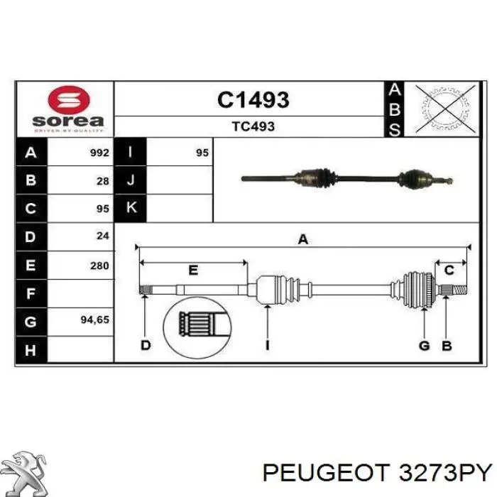 3273PY Peugeot/Citroen árbol de transmisión delantero derecho