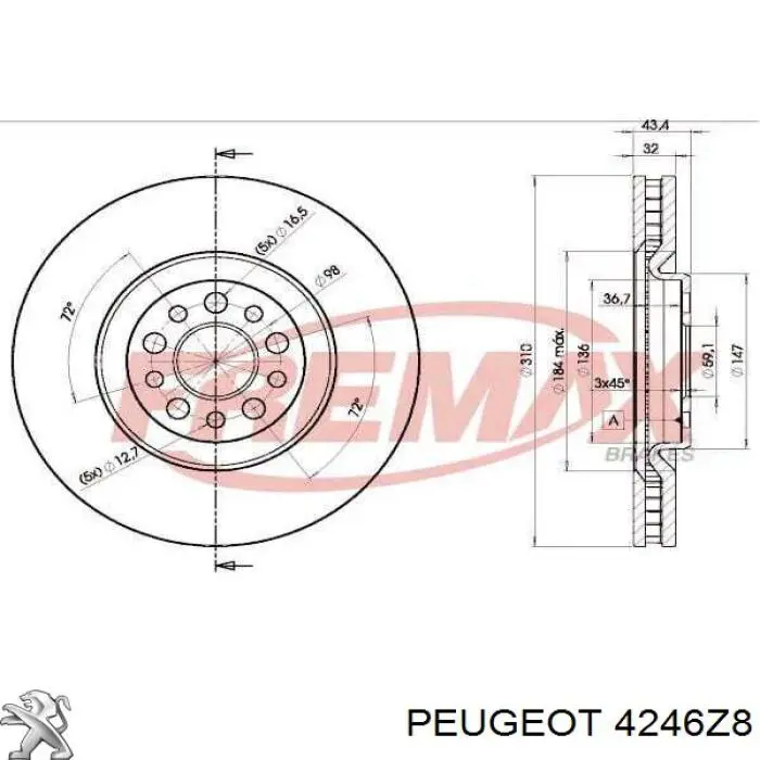 4246Z8 Peugeot/Citroen freno de disco delantero