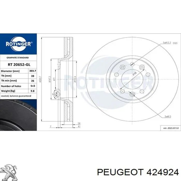 424924 Peugeot/Citroen freno de disco delantero