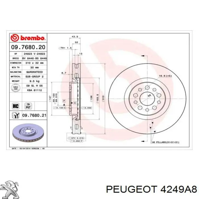 4249A8 Peugeot/Citroen freno de disco delantero