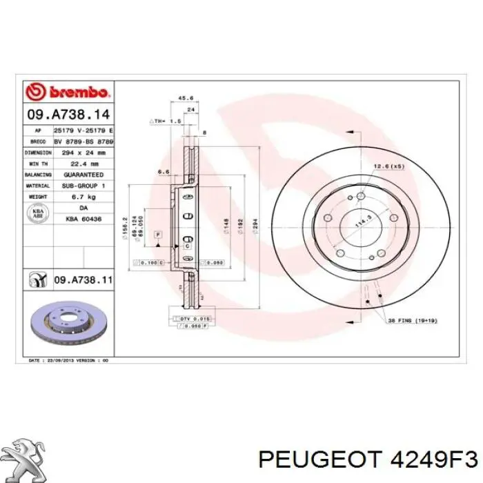 4249F3 Peugeot/Citroen freno de disco delantero