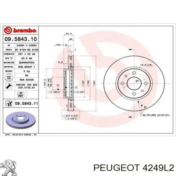 4249L2 Peugeot/Citroen freno de disco delantero