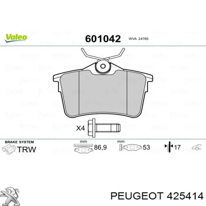 425414 Peugeot/Citroen pastillas de freno traseras