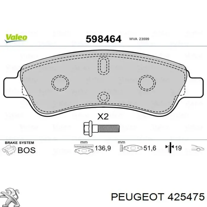 425475 Peugeot/Citroen pastillas de freno delanteras