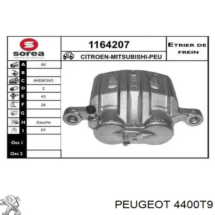 4400T9 Peugeot/Citroen pinza de freno delantera izquierda