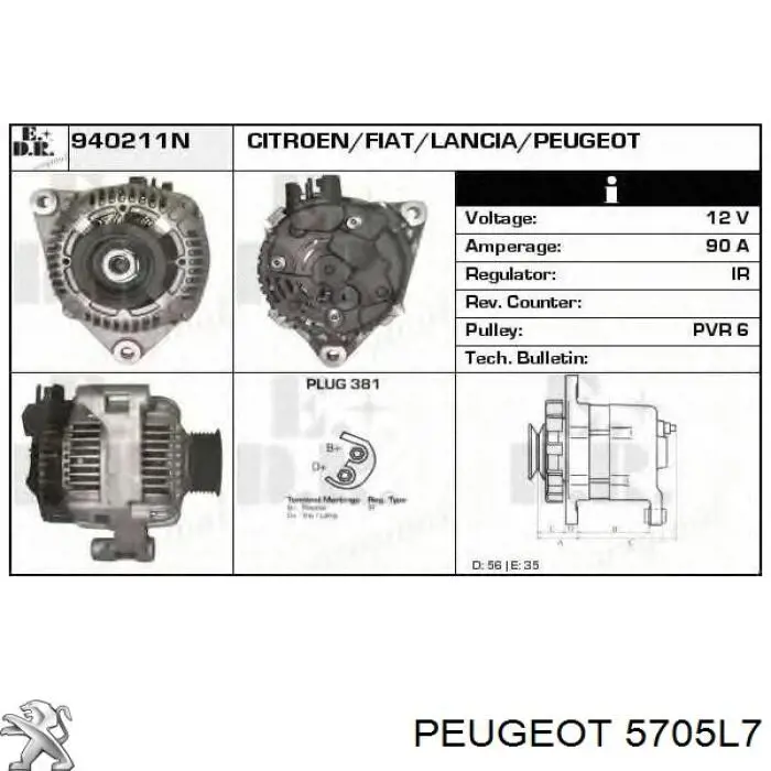 5705L7 Peugeot/Citroen alternador