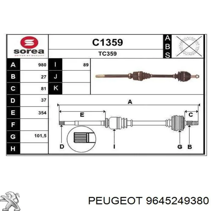 9645249380 Peugeot/Citroen árbol de transmisión delantero derecho