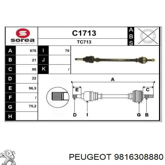 9816308880 Peugeot/Citroen árbol de transmisión delantero derecho