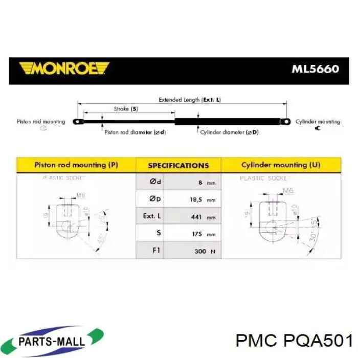 PQA-501 Parts-Mall amortiguador para porton trasero (3/5 puertas traseras (lisas)