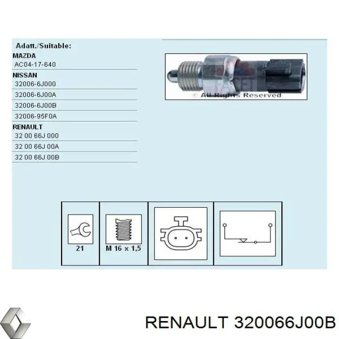 320066J00B Renault (RVI) interruptor, piloto de marcha atrás