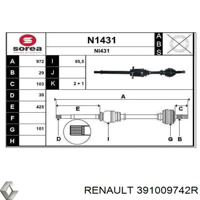 391009742R Renault (RVI) árbol de transmisión delantero derecho