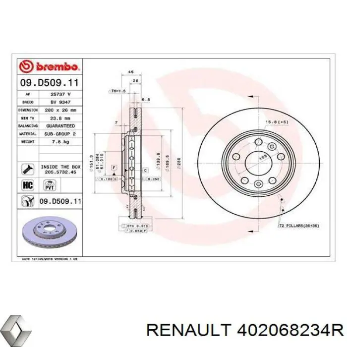 402068234R Renault (RVI) freno de disco delantero