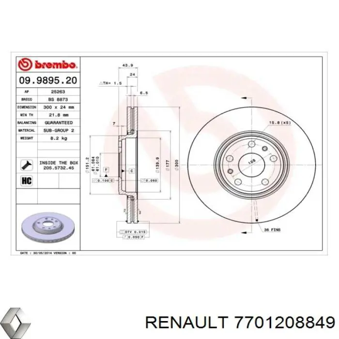 7701208849 Renault (RVI) freno de disco delantero