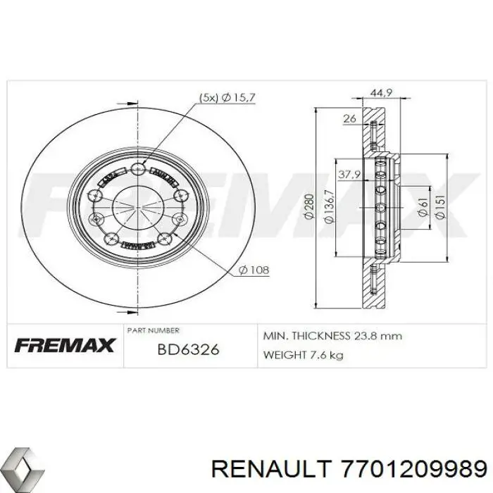 7701209989 Renault (RVI) freno de disco delantero