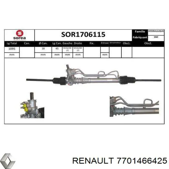 7701466425 Renault (RVI) cremallera de dirección