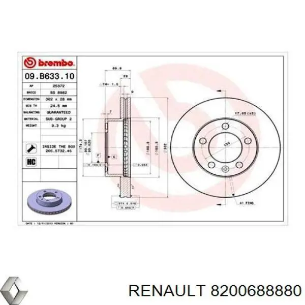 8200688880 Renault (RVI) freno de disco delantero