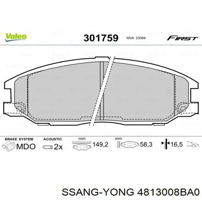 4813008BA0 Ssang Yong pastillas de freno delanteras