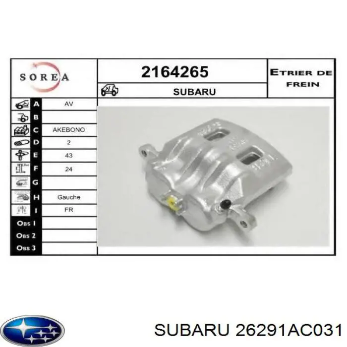 26291AC031 Subaru pinza de freno delantera izquierda