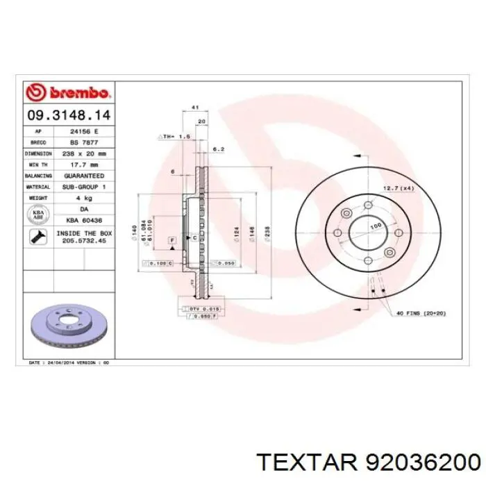 92036200 Textar freno de disco delantero