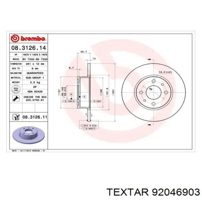 92046903 Textar disco de freno trasero