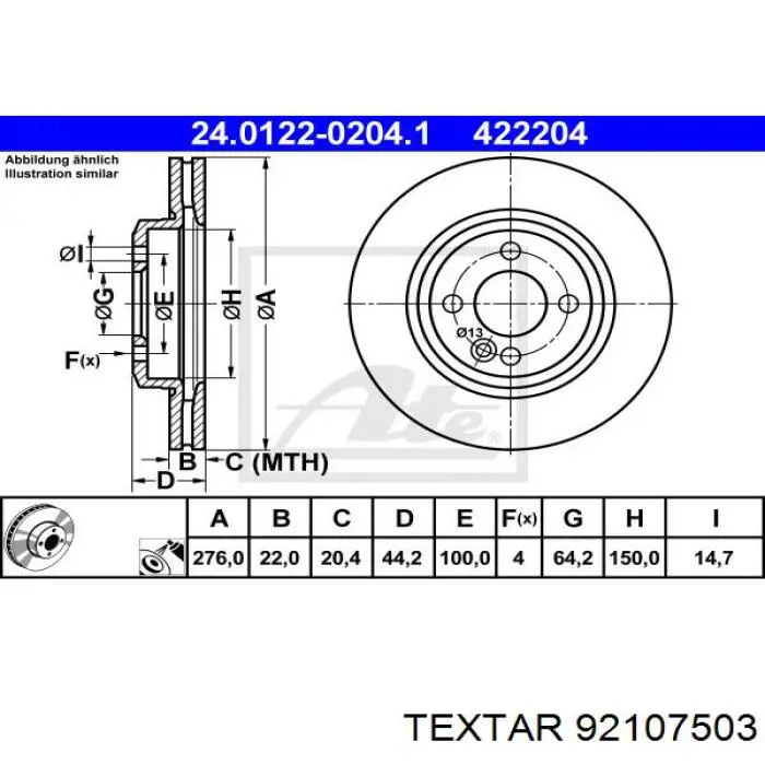 92107503 Textar freno de disco delantero