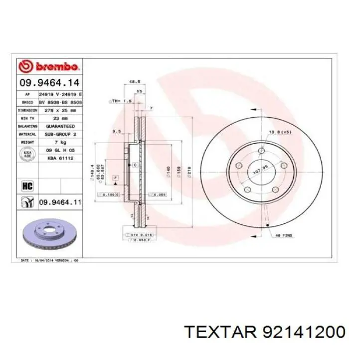 92141200 Textar freno de disco delantero