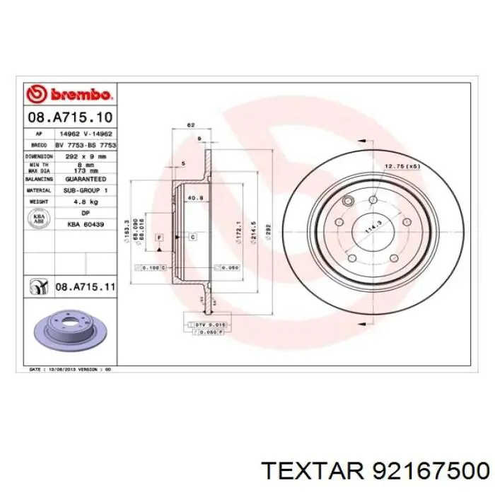 92167500 Textar disco de freno trasero