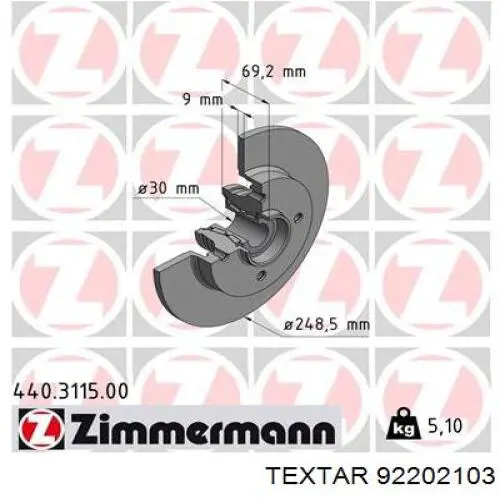 92202103 Textar disco de freno trasero