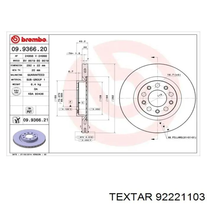 92221103 Textar disco de freno trasero