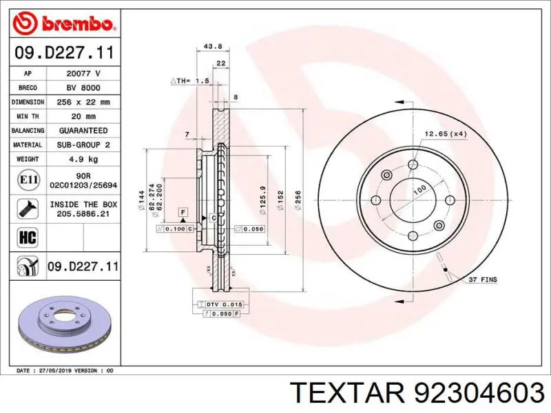 92304603 Textar freno de disco delantero