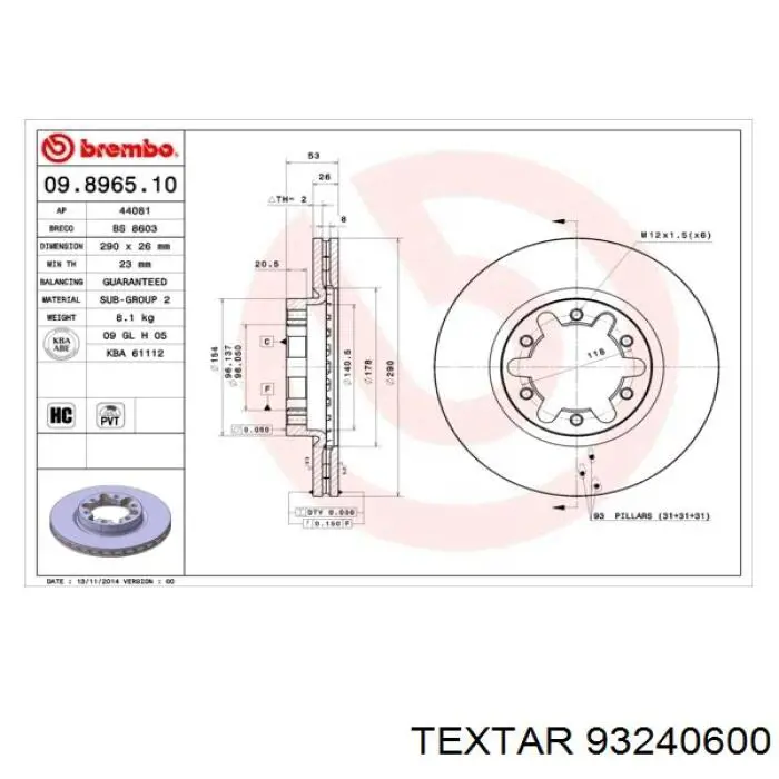 93240600 Textar freno de disco delantero