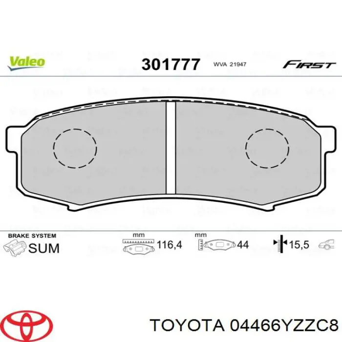 04466YZZC8 Toyota pastillas de freno traseras