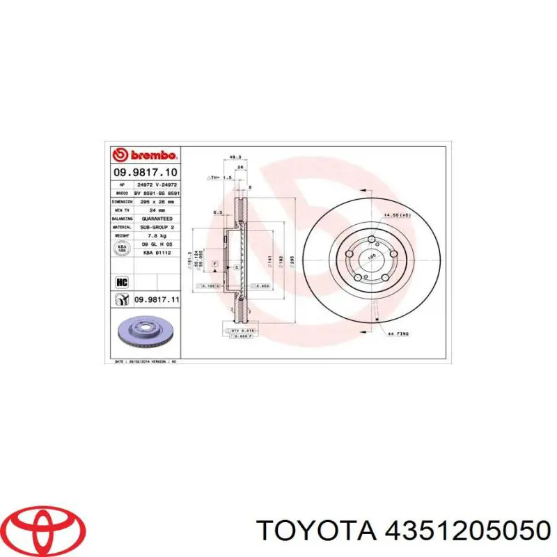 4351205050 Toyota freno de disco delantero