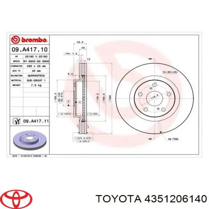 4351206140 Toyota freno de disco delantero