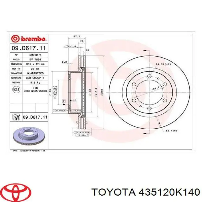 435120K140 Toyota freno de disco delantero