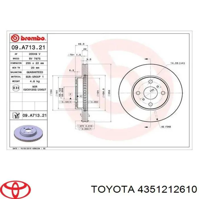 4351212610 Toyota freno de disco delantero