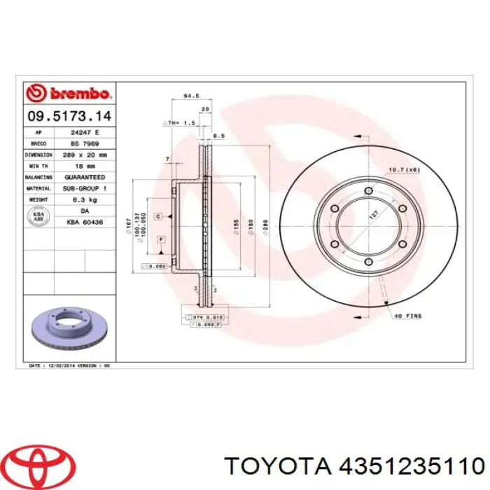 4351235110 Toyota freno de disco delantero