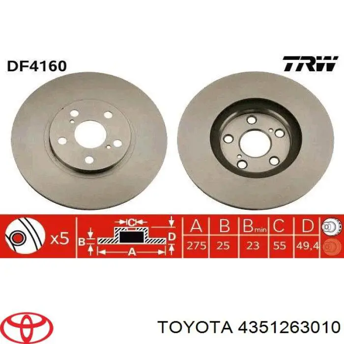 4351263010 Toyota freno de disco delantero