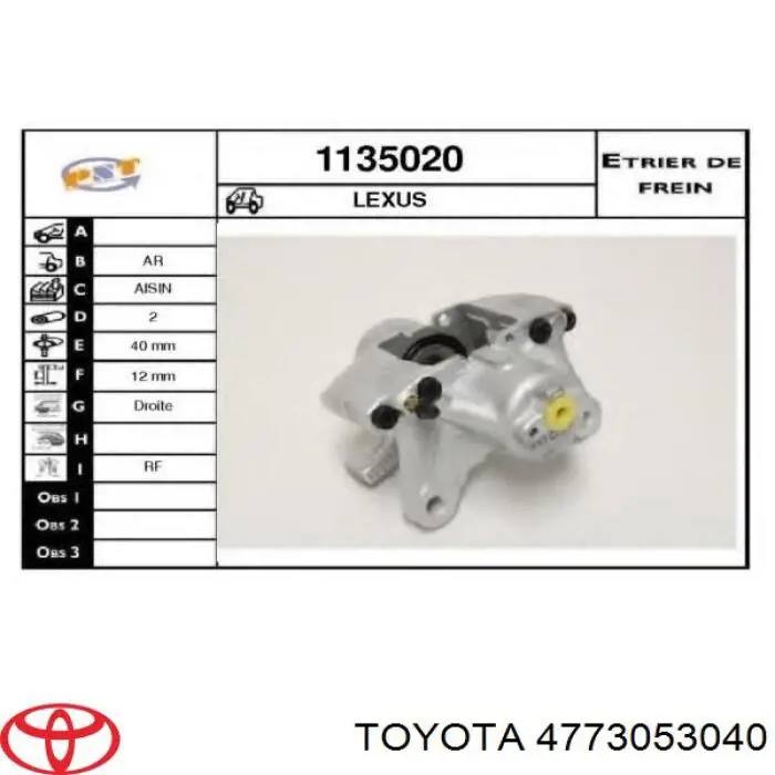 4773053040 Toyota pinza de freno trasero derecho