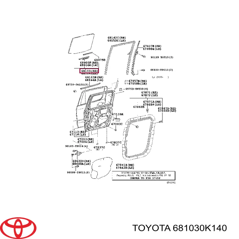 681030K140 Toyota luna de puerta trasera derecha