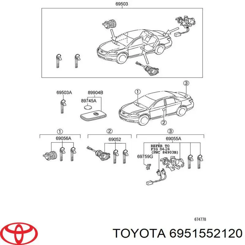 6951552120 Toyota conjunto transmisor control de puertas / clave en blanco