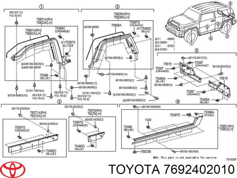 7692402010 Toyota clip, tubuladura de sujeción, alféizar de la puerta